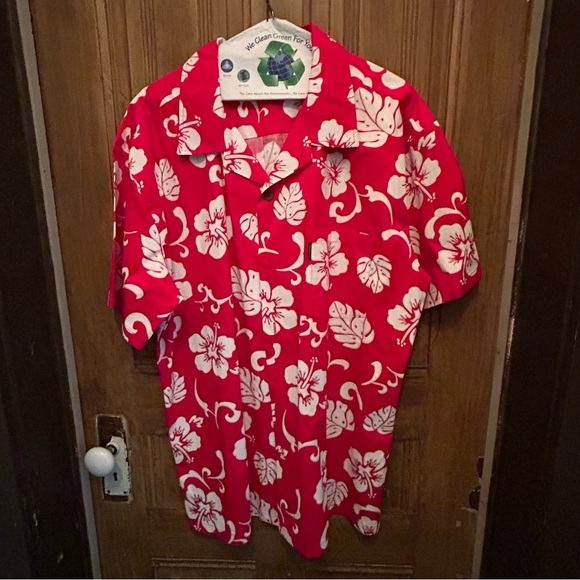 Palm Wave Hawaiian shirt: men’s extra large, red floral hibiscus palm button - Picture 2 of 8